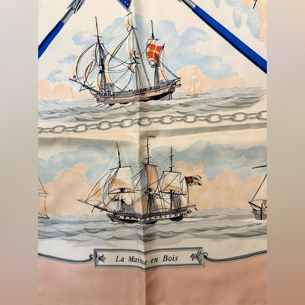 HERMES Never Worn Vintage “The Wooden Marine” Pink Carre 90 Silk Twill Scarf - Picture 6 of 16